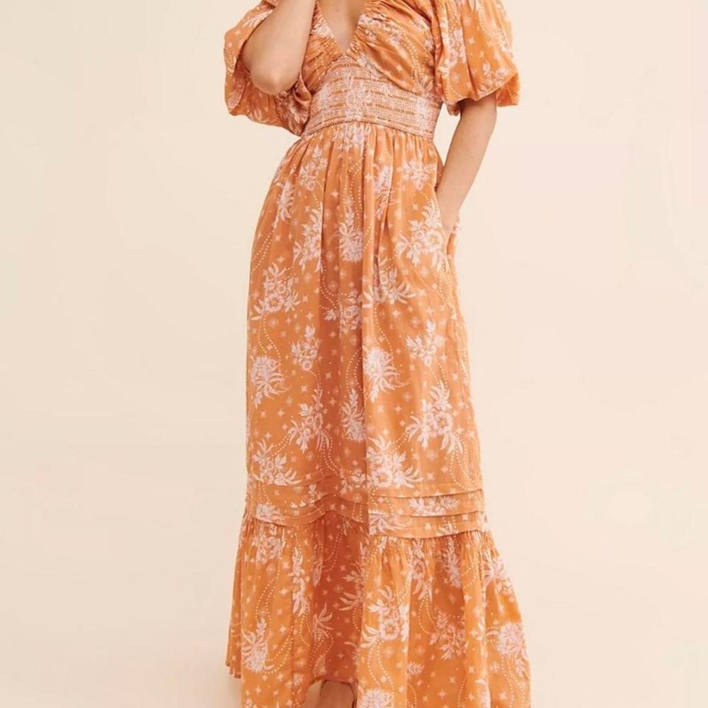 Free People Golden Hour Maxi Dress Floral Smocked Waist Puff Sleeve Size S Boho